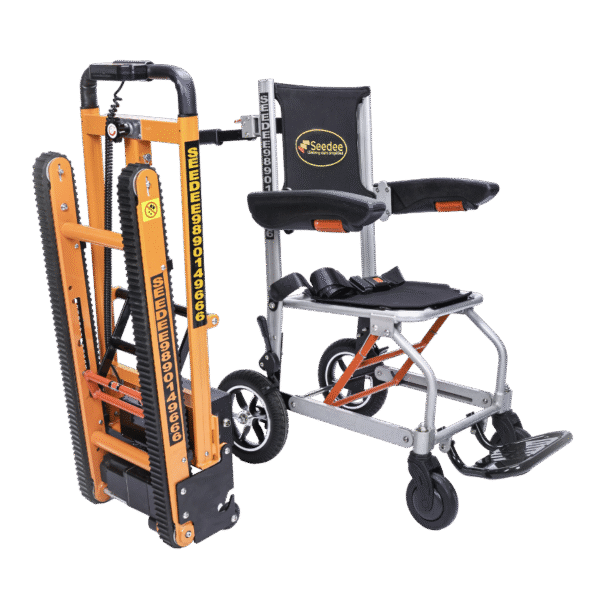 Battery operated wheelchair for stairs shown in stair climbing position